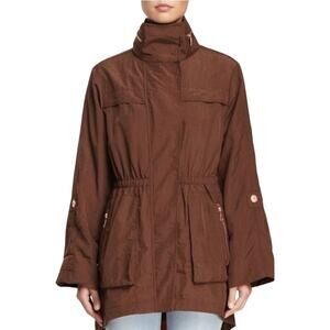 NWT G.E.T Jacket L Anorak Brown Hoodie Zip Snaps Roll-Tab-Sleeve Adjust-Waist